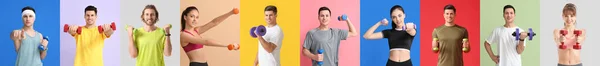 Set Sporty People Dumbbells Colorful Background — Stock fotografie