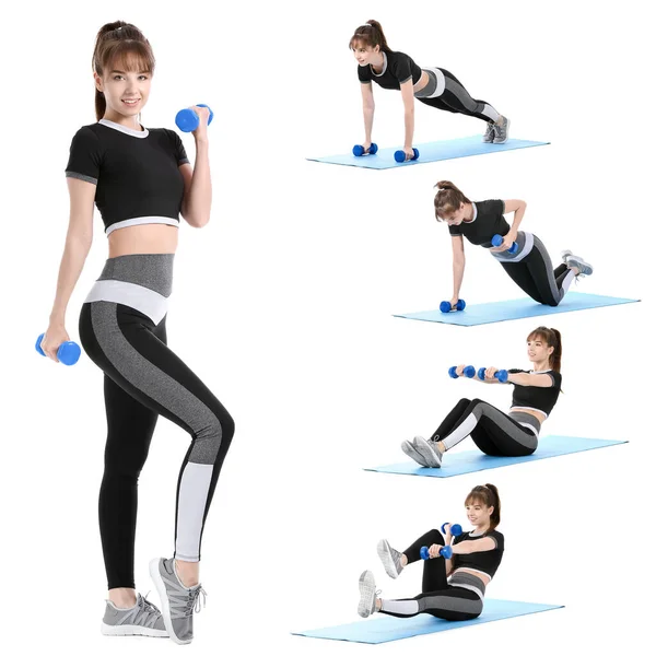 Set Sporty Young Woman Training Dumbbells Isolated White — ストック写真