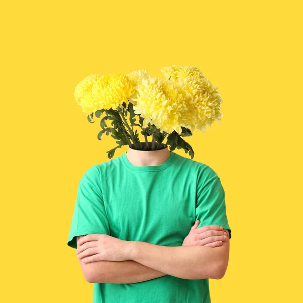 Man Bouquet Beautiful Flowers Instead His Head Yellow Background — Stock Photo, Image