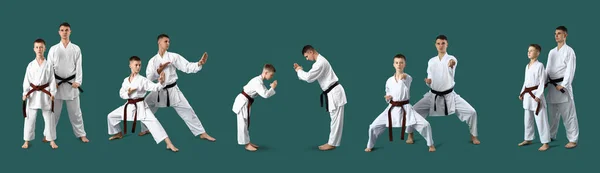 Uppsättning Karate Instruktör Och Hans Elev Grön Bakgrund — Stockfoto