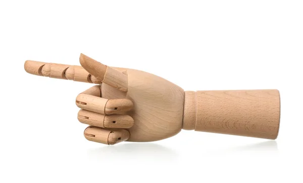 Wooden Hand Pointing Something White Background — 스톡 사진