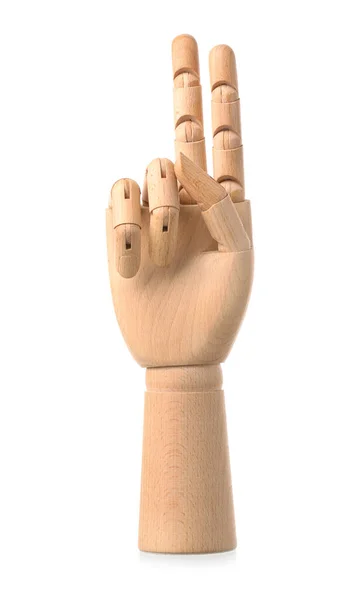 Wooden Hand Showing Two Fingers White Background — 스톡 사진