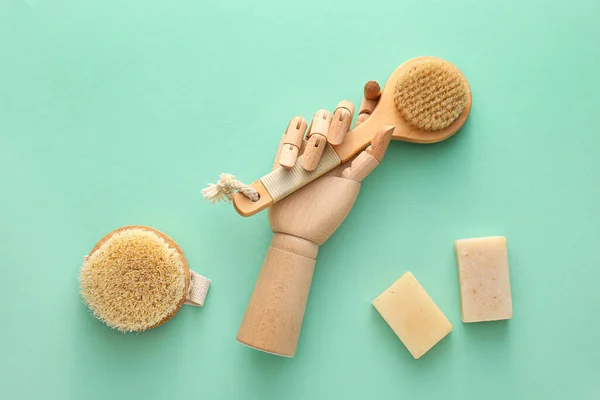 Wooden Hand Massage Brushes Soap Turquoise Background — Fotografia de Stock