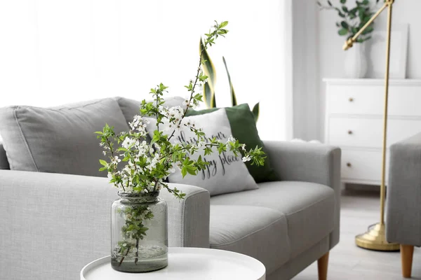 Vase Blooming Tree Branches Table Sofa Living Room — Stock Photo, Image