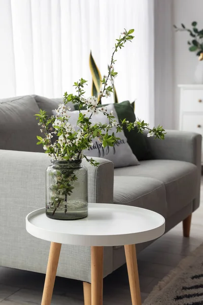 Vase Blooming Tree Branches Table Sofa Living Room — Stock Photo, Image