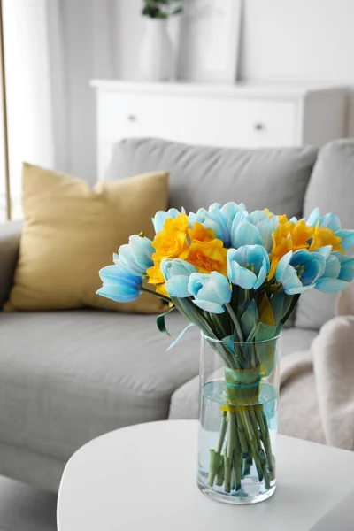 Vase Bouquet Beautiful Tulips Colors Ukrainian Flag Table Living Room — Stock Photo, Image