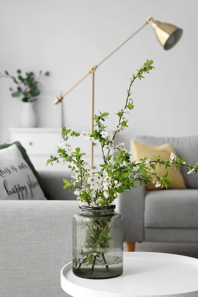 Vase Beautiful Blooming Tree Branches Table Light Living Room — Stock Photo, Image