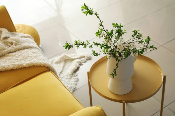 Vase Beautiful Blooming Tree Branches Table Sofa — ストック写真