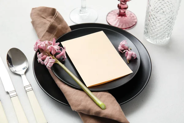 Table Setting Hyacinth Flower Blank Card Light Background — Fotografia de Stock