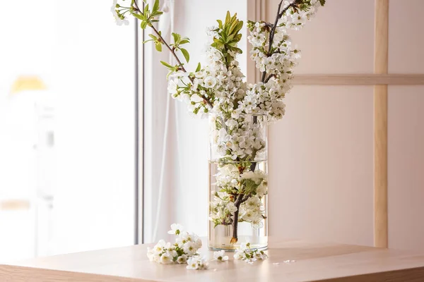 Vase Beautiful Blooming Tree Branches Table Light Room — Stock Photo, Image