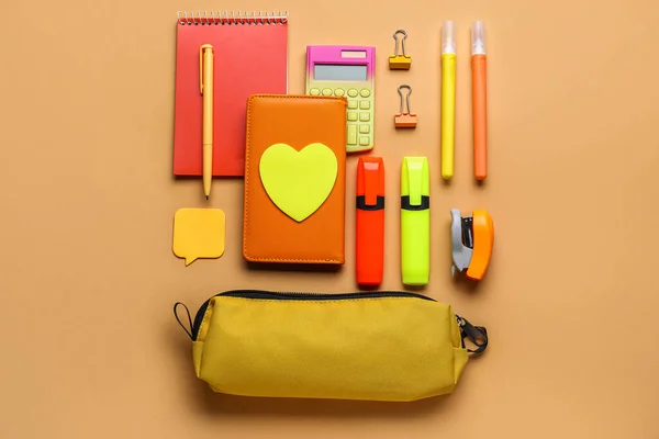 Yellow Pencil Case Stationery Supplies Beige Background — Fotografia de Stock