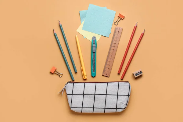 Checkered Pencil Case Stationery Supplies Beige Background — Fotografia de Stock