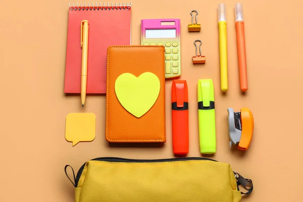 Yellow Pencil Case Stationery Supplies Beige Background — Stockfoto