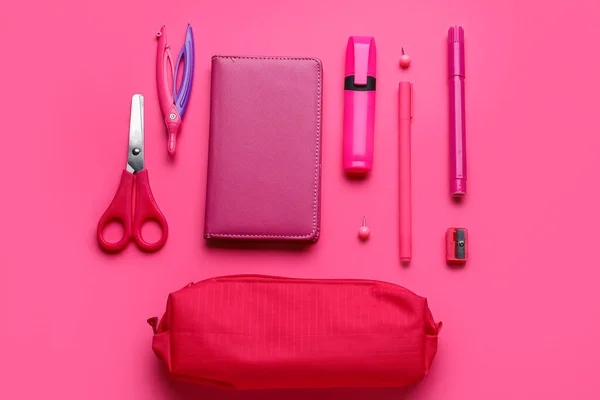 Red Pencil Case Stationery Supplies Pink Background — Zdjęcie stockowe