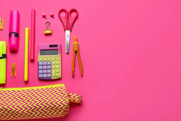Bright Pencil Case Stationery Supplies Pink Background — Foto de Stock