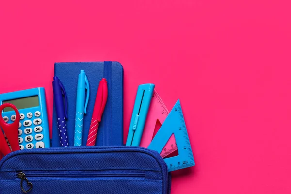 Blue Pencil Case Stationery Supplies Pink Background — Stock Photo, Image
