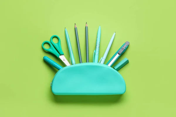 Blue Pencil Case Stationery Supplies Green Background — Stock Photo, Image