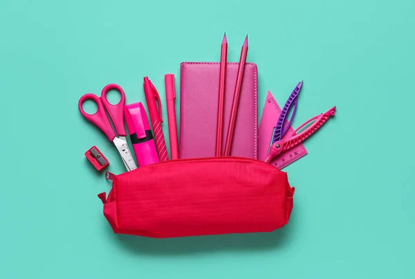Red Pencil Case Stationery Supplies Blue Background — Foto de Stock