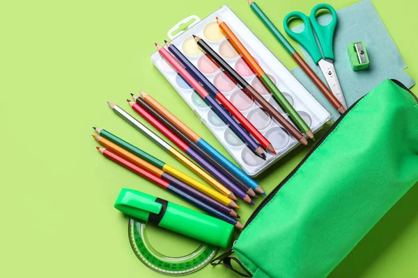 Green Pencil Case School Stationery Green Background — Zdjęcie stockowe