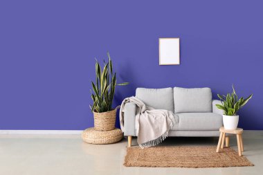 Mor duvarın yanında kanepesi, masası ve çiçekleri olan şık bir oturma odası.