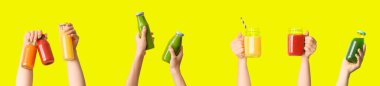 Female hands with different healthy smoothies on bright color background