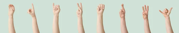 Set Hands Showing Different Letters Green Background Sign Language Alphabet — Stock Photo, Image