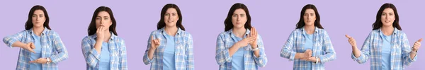 Set Young Deaf Mute Woman Using Sign Language Lilac Background — Stockfoto