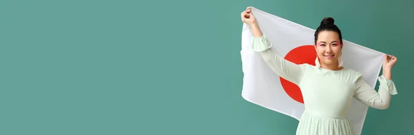 Beautiful Young Asian Woman Holding Flag Japan Green Background Space — Stock Photo, Image