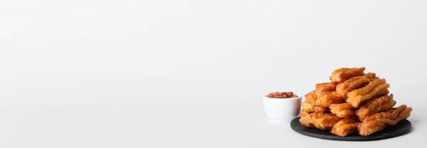 Slate Plate Tasty Churros Chocolate Sauce Bowl Light Background Space — Fotografia de Stock