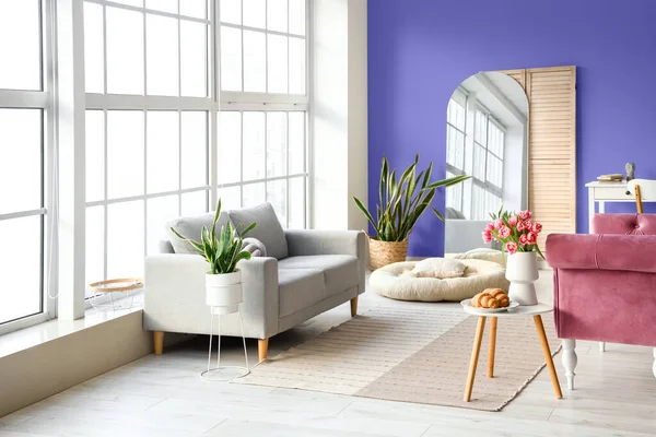 Interior Stylish Living Room Sofa Table Mirror Houseplants — Fotografia de Stock