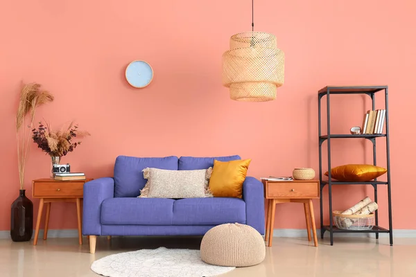 Interior Stylish Living Room Sofa Tables Shelf Unit — Stockfoto