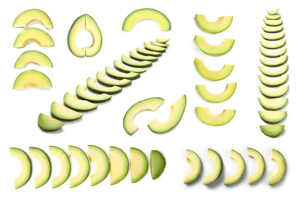 Many Slices Fresh Avocado Isolated White — Zdjęcie stockowe