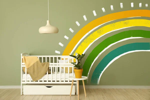 Crib Green Wall Painted Rainbow Children Room — 스톡 사진