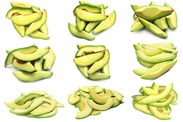 Set Fresh Cut Avocado Isolated White — Stockfoto