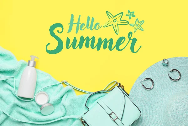 Set Female Beach Accessories Text Hello Summer Yellow Background — Photo