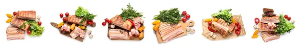 Tasty Smoked Bacon Herbs Vegetables White Background — Stock fotografie
