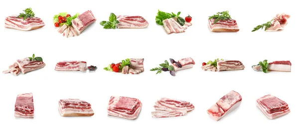 Set Uncooked Bacon Herbs Spices White Background — Stock fotografie