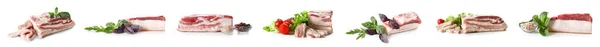 Set Uncooked Bacon Herbs Spices White Background — 스톡 사진