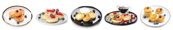 Sweet Cottage Cheese Pancakes Berries White Background — Zdjęcie stockowe
