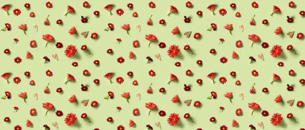 Açık yeşil arka planda bir sürü güzel çiçek. Tasarım için desen