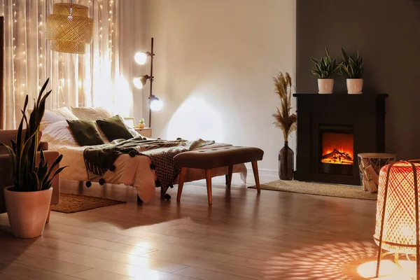 Interior Stylish Bedroom Fireplace Evening — Stok fotoğraf