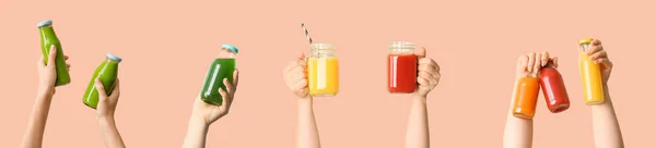 Female Hands Different Healthy Smoothies Color Background — Stock Fotó