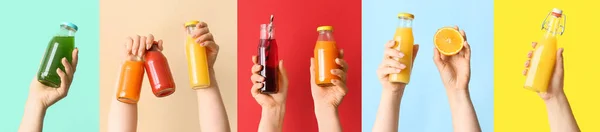 Manos Femeninas Con Diferentes Batidos Saludables Botellas Sobre Fondo Colorido — Foto de Stock