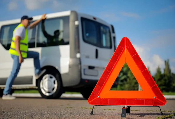 Emergency Triangle Stop Sign Man Broken Car Road — 스톡 사진