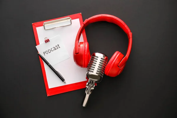 Microphone Headphones Clipboard Paper Sheet Word Podcast Dark Background — Photo