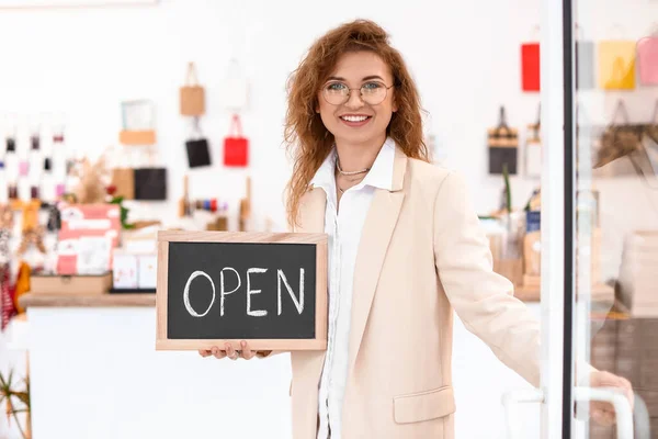 Young Female Business Owner Opening Her Shop — Stock Photo, Image