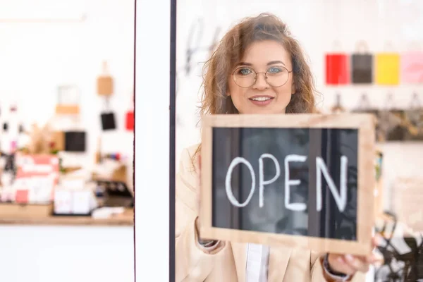 Young Female Business Owner Opening Her Shop — Stock Photo, Image