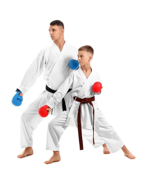 Boy Practicing Karate Instructor White Background — Photo
