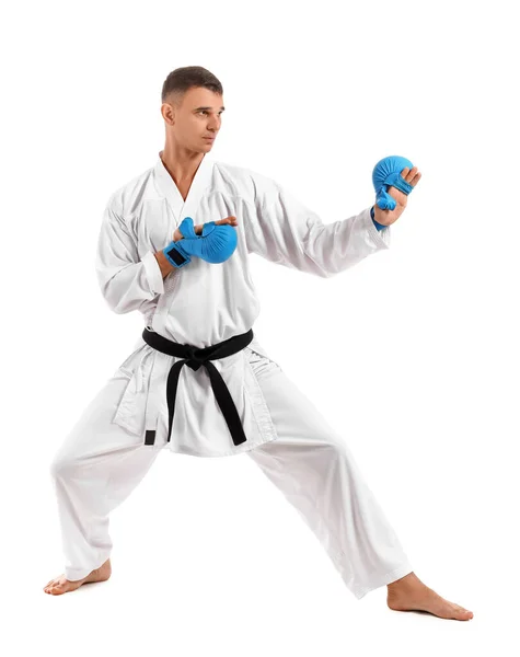 Mann Mit Schwarzem Gürtel Praktiziert Karate Auf Weißem Hintergrund — Stockfoto