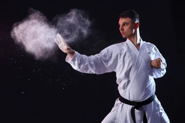 Man Practicing Karate Dark Background — Stockfoto